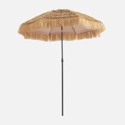 Exotischer gerader Sonnenschirm aus Stahl mit Holz- und Strohimitation