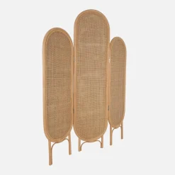 Faltbarer Raumteiler aus Rattan und Geflecht für den Innenbereich.