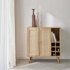 Flaschenschrank mit Rattan-Geflecht und Holzdekor