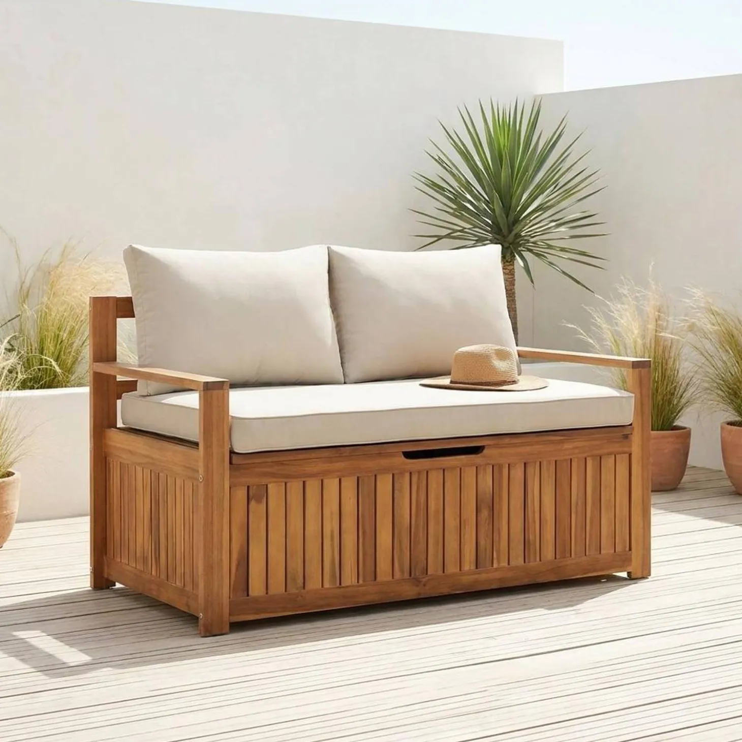 Gartenbank aus Akazienholz mit Kissen und integrierter Truhe 110 L