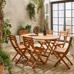 Garten-Essgruppe aus Holz, ovaler Tisch, 6 Stühle, klappbar