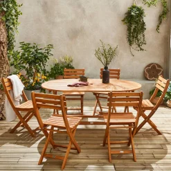 Garten-Essgruppe aus Holz, ovaler Tisch, 6 Stühle, klappbar