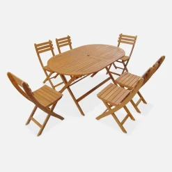 Garten-Essgruppe aus Holz, ovaler Tisch, 6 Stühle, klappbar