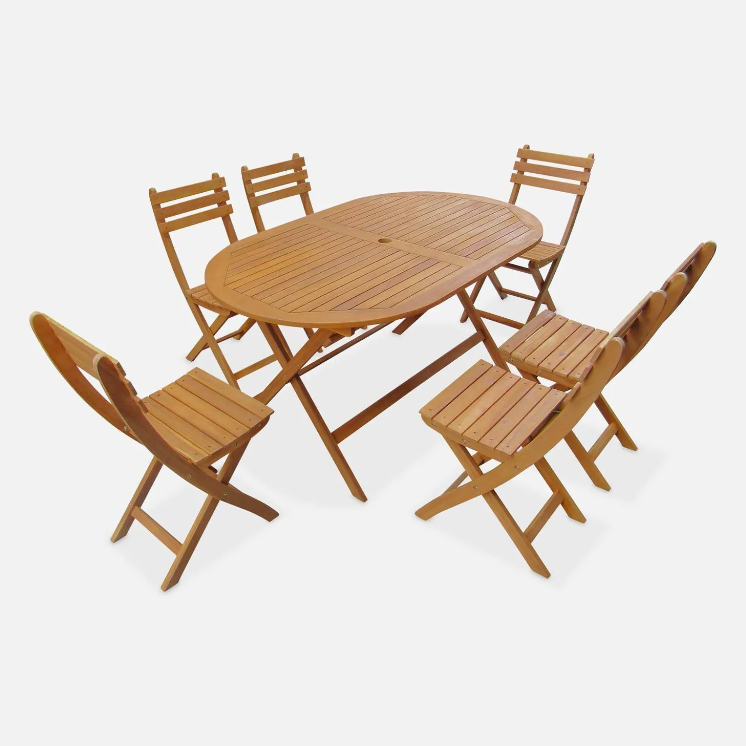 Garten-Essgruppe aus Holz, ovaler Tisch, 6 Stühle, klappbar