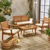 Garten-Essgruppe aus Holz und Rattan, 4 Sessel