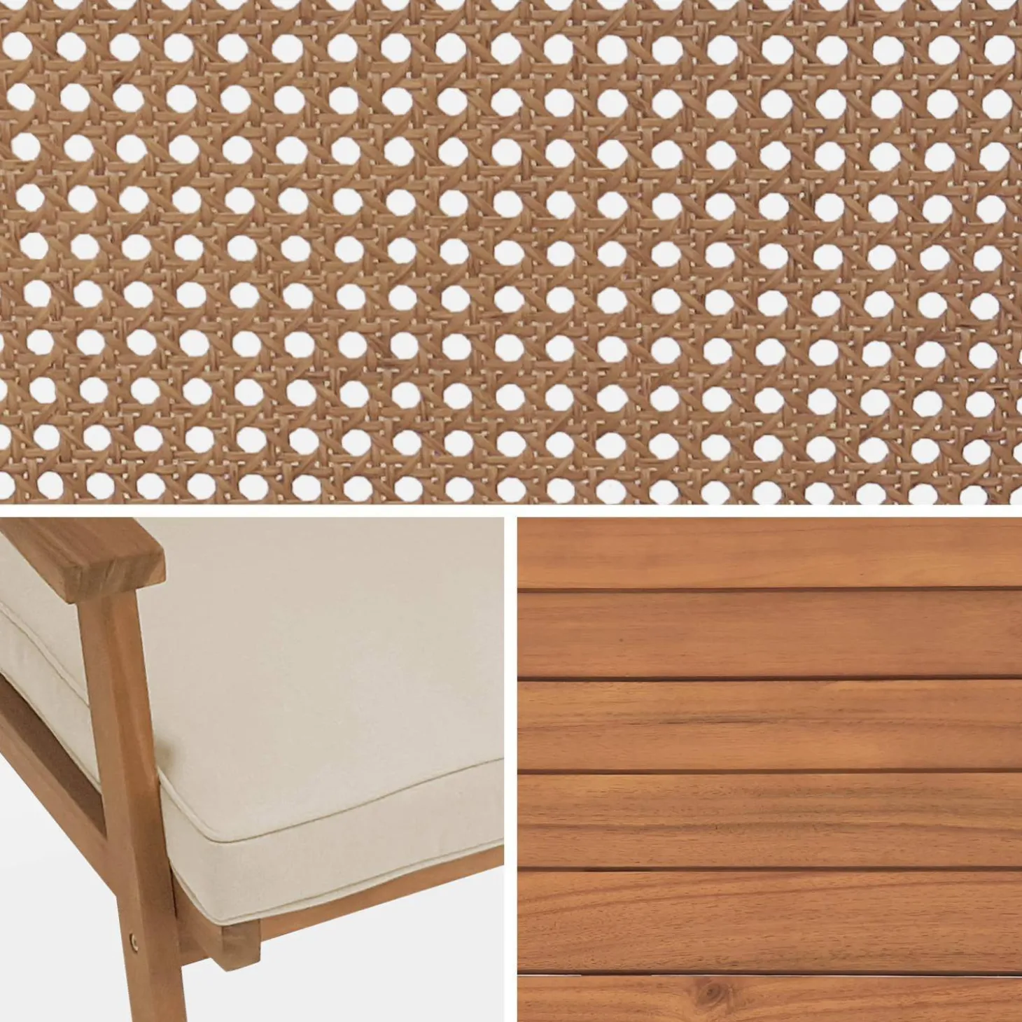 Garten-Essgruppe aus Holz und Rattan, 4 Sessel