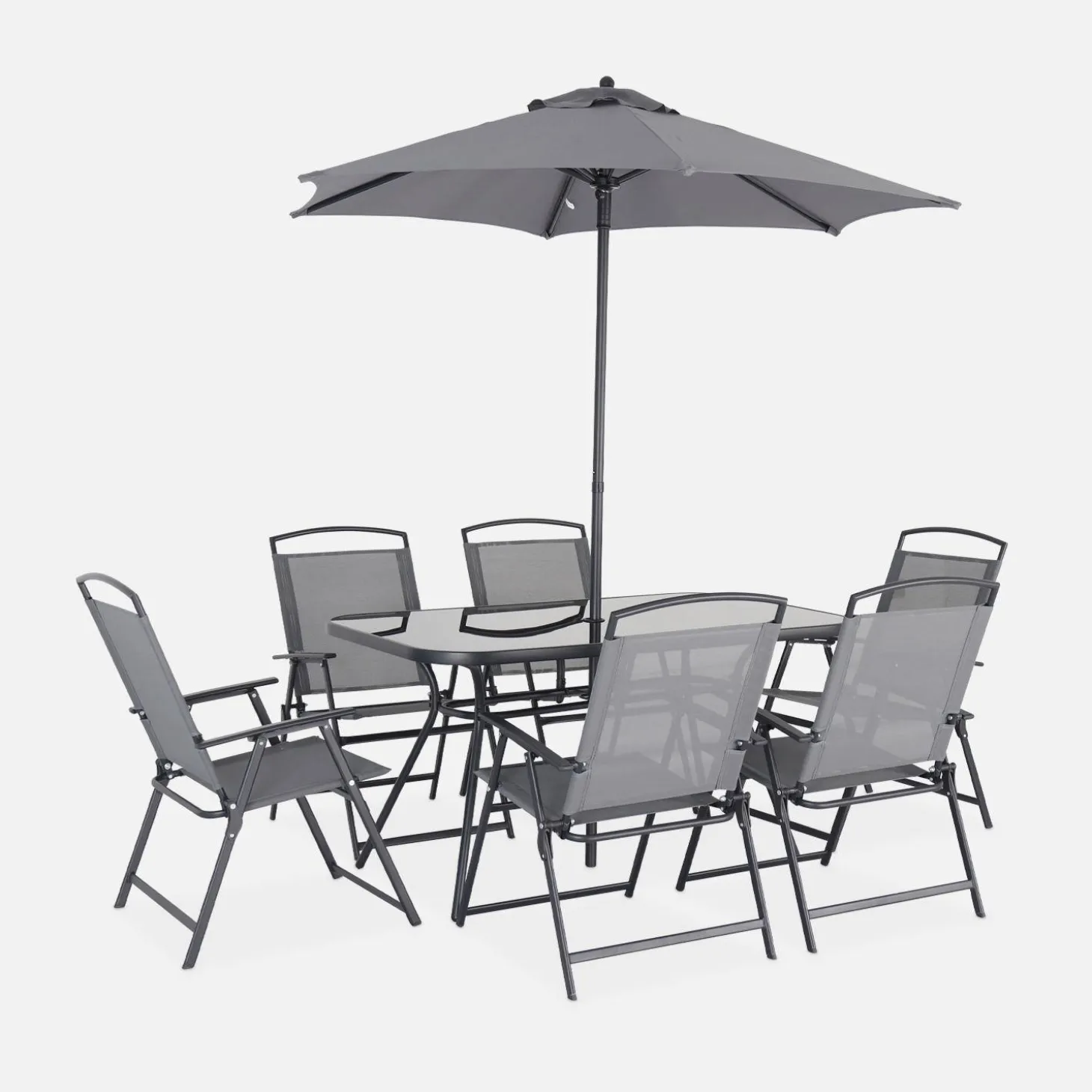 Garten-Essgruppe aus Stahl mit Tisch, 6 Sesseln und Sonnenschirm