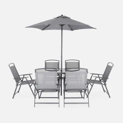 Garten-Essgruppe aus Stahl mit Tisch, 6 Sesseln und Sonnenschirm