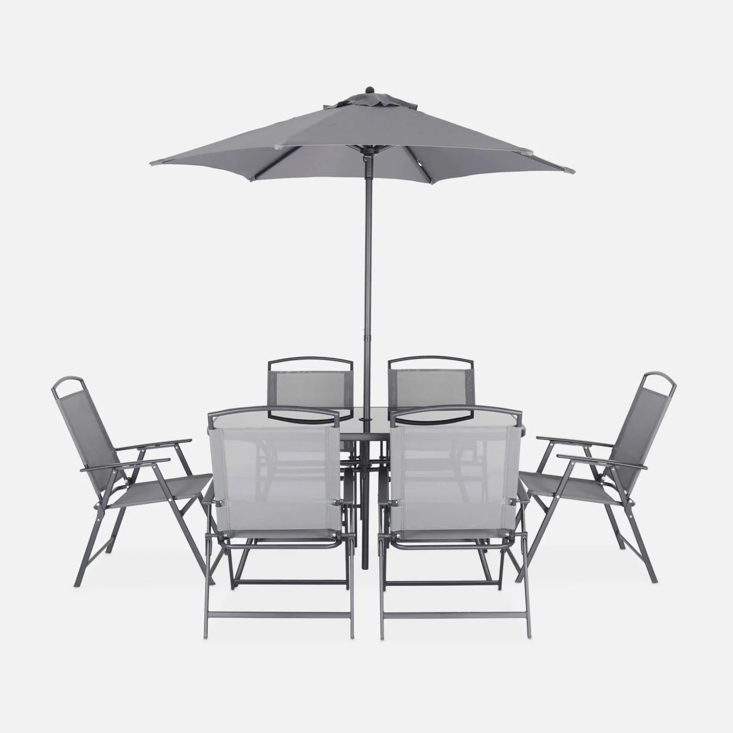 Garten-Essgruppe aus Stahl mit Tisch, 6 Sesseln und Sonnenschirm