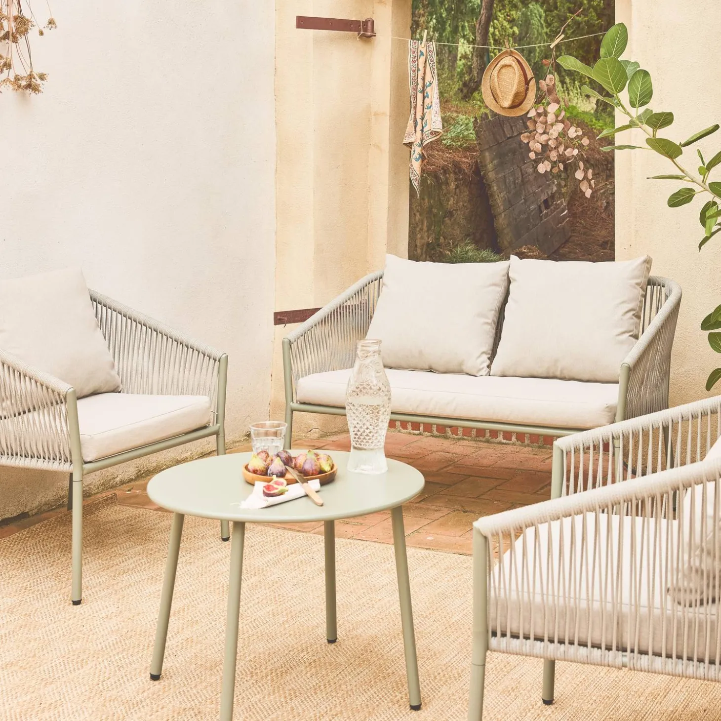 Gartenlounge-Set aus Stahl mit Seilbespannung aus Kunststoff, 4 Plätze