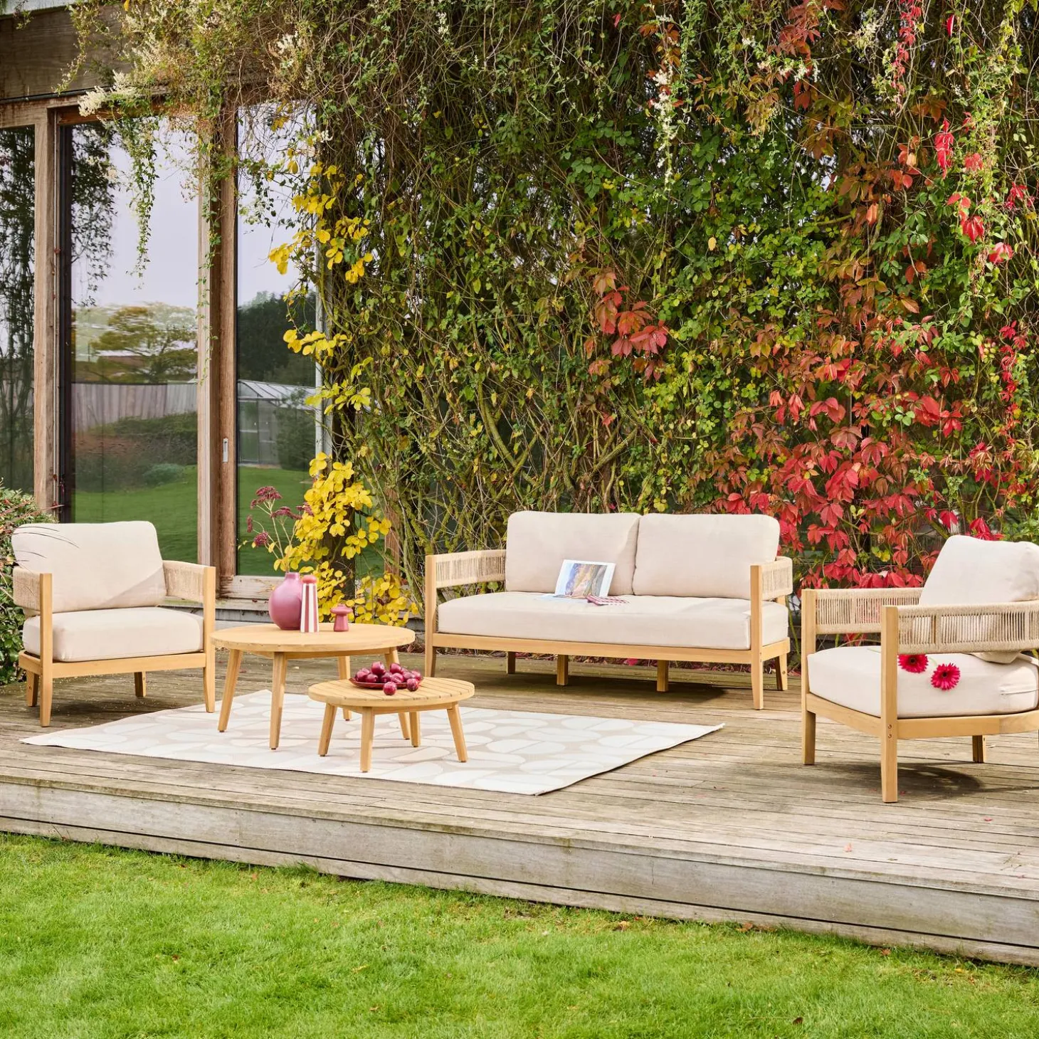 Gartenmöbelset aus Akazienholz mit Seilbespannung für 4 Personen