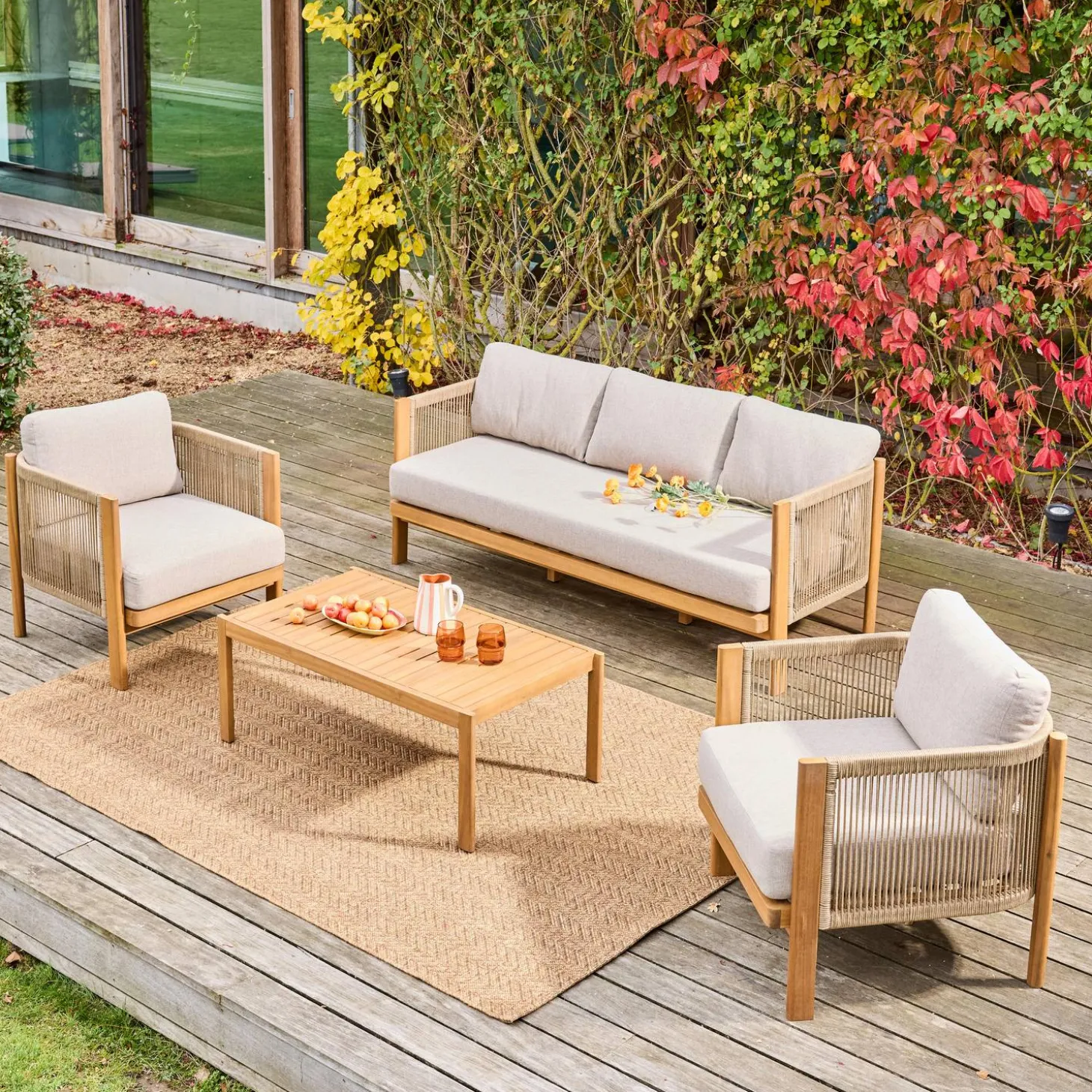 Gartenmöbelset aus Akazienholz mit Seilbespannung, 5 Plätze