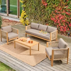 Gartenmöbelset aus Akazienholz mit Seilbespannung, 5 Plätze