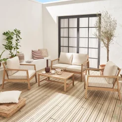 Gartenmöbelset aus Holz und Seilbespannung 4 Personen Akazienholz