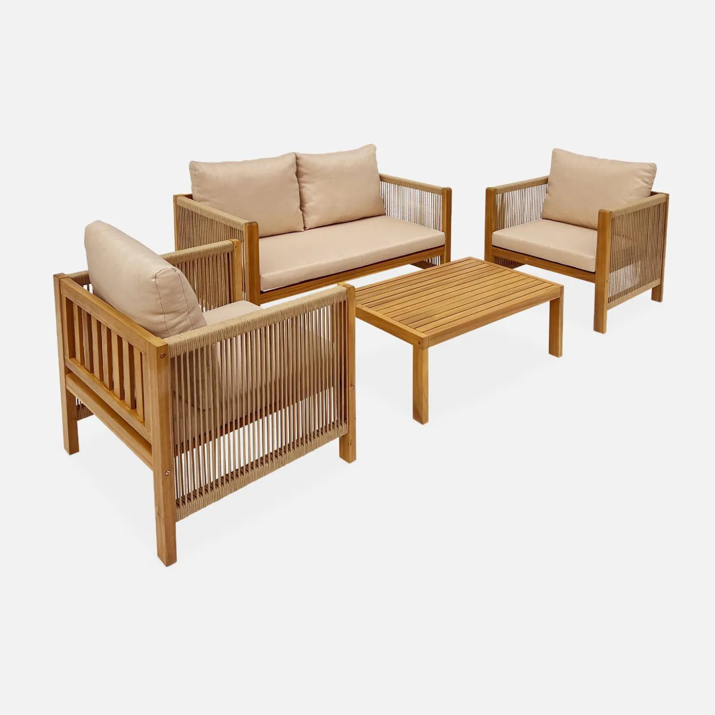 Gartenmöbel-Set für 4 Personen aus Holz mit Seilbespannung