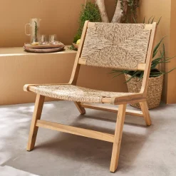 Gartensessel, Holz und Kunststoff mit Strohlook, Innen-/Außenbereich