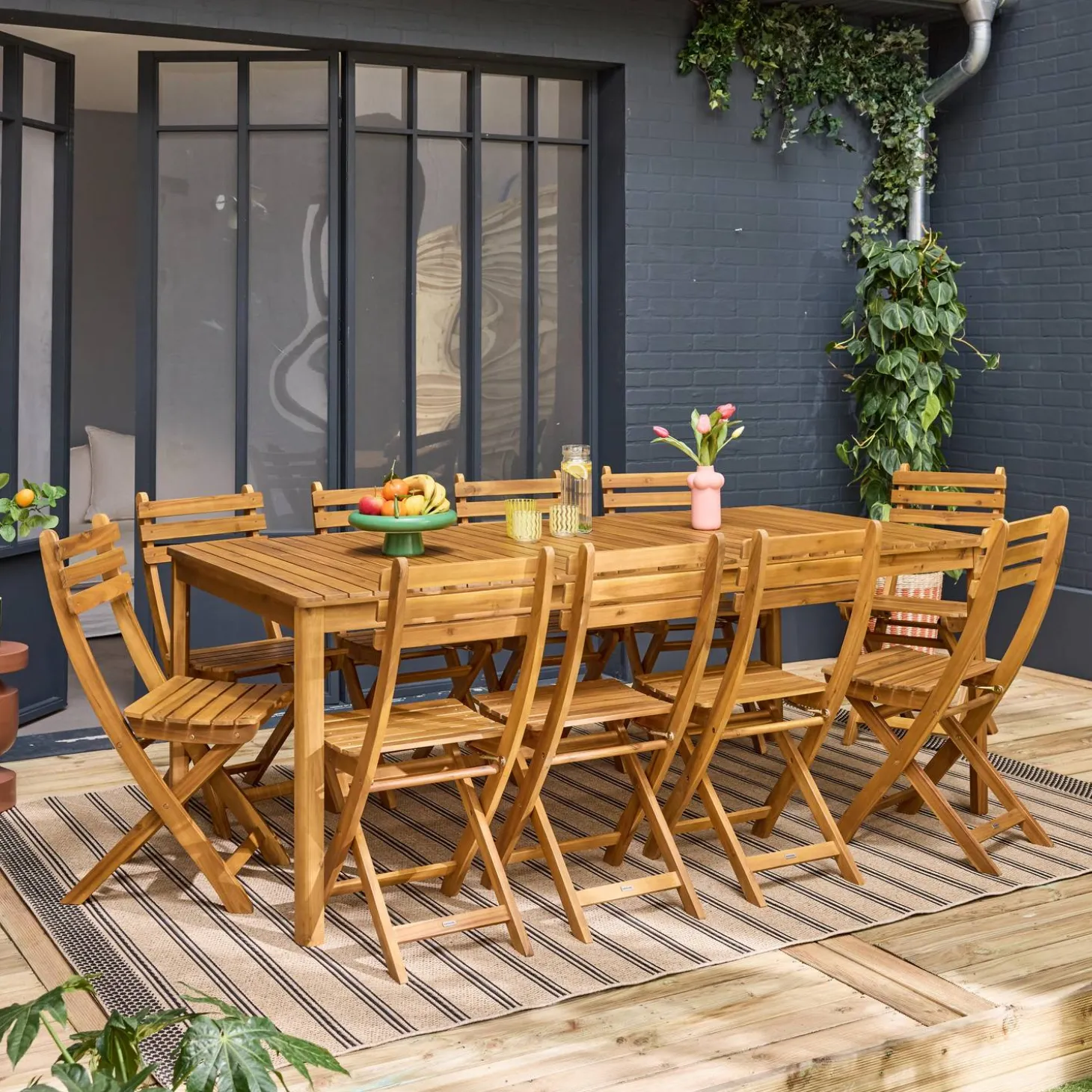 Gartentisch aus Akazie mit abgerundeten Ecken, 10 Stühle
