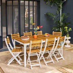 Gartentisch aus Akazie mit abgerundeten Ecken, 8 Stühle