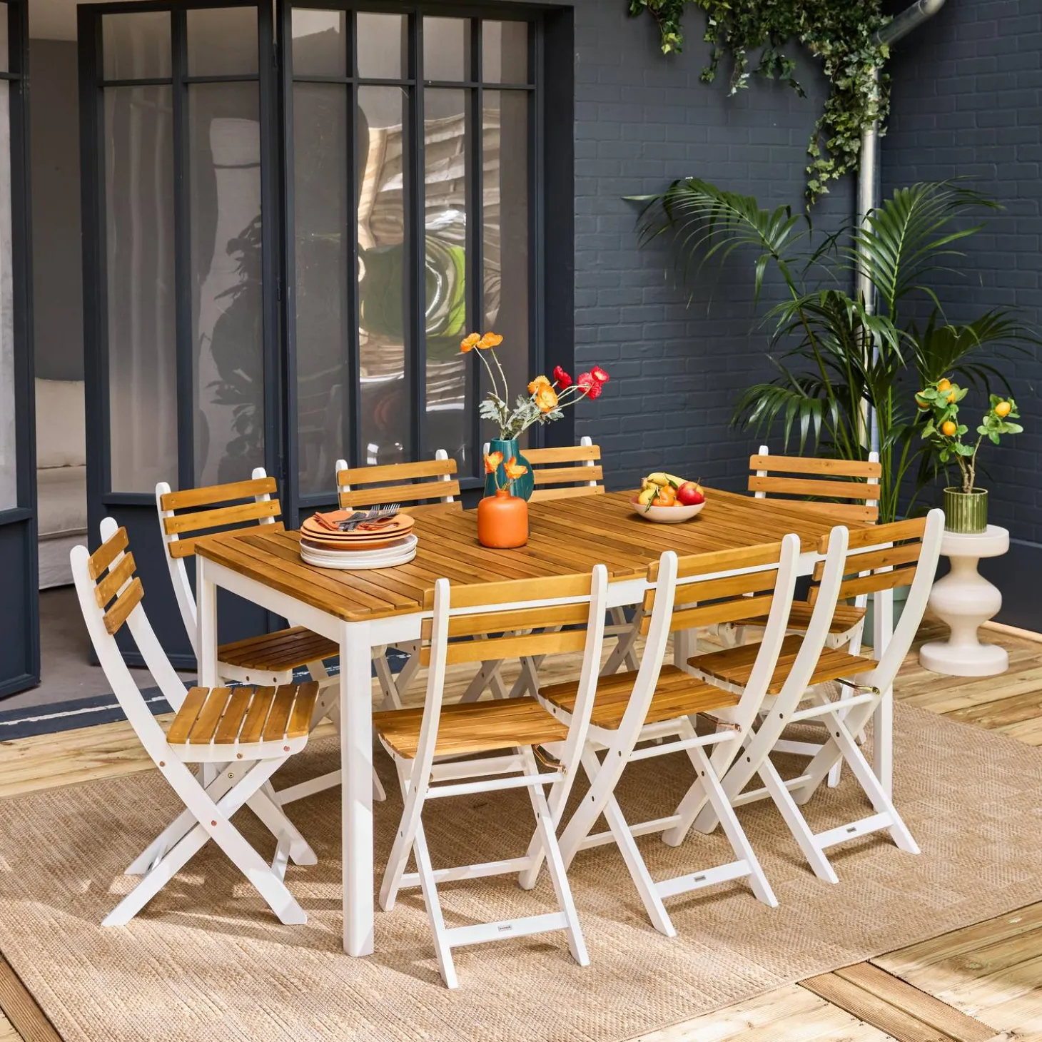 Gartentisch aus Akazie mit abgerundeten Ecken, 8 Stühle