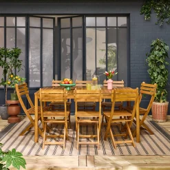 Gartentisch aus Akazie mit abgerundeten Ecken, 8 Stühle