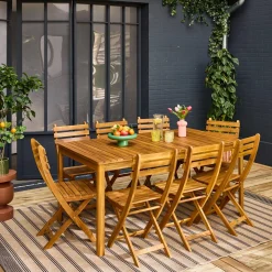 Gartentisch aus Akazie mit abgerundeten Ecken, 8 Stühle