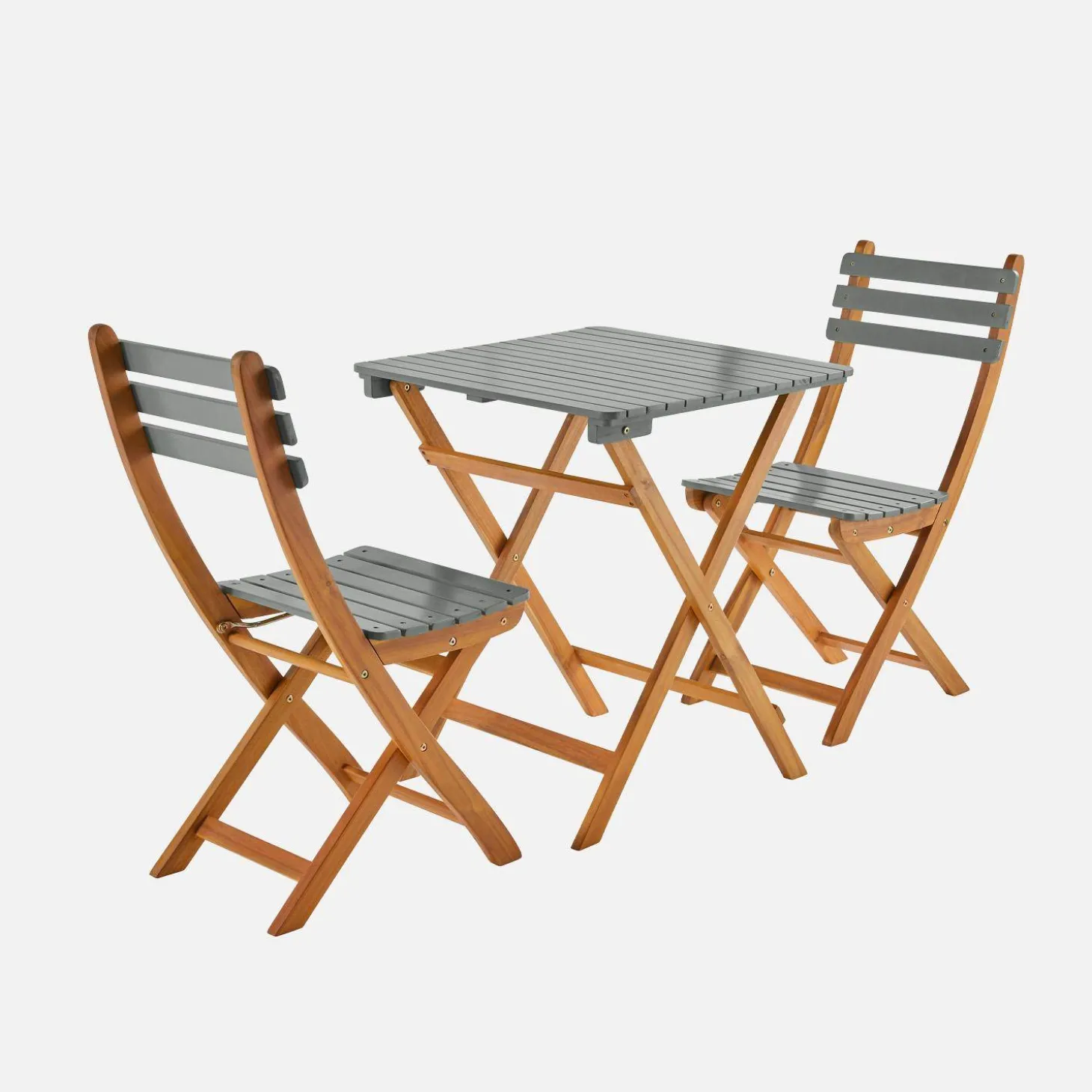Gartentisch aus Akazienholz, 2 Klappstühle