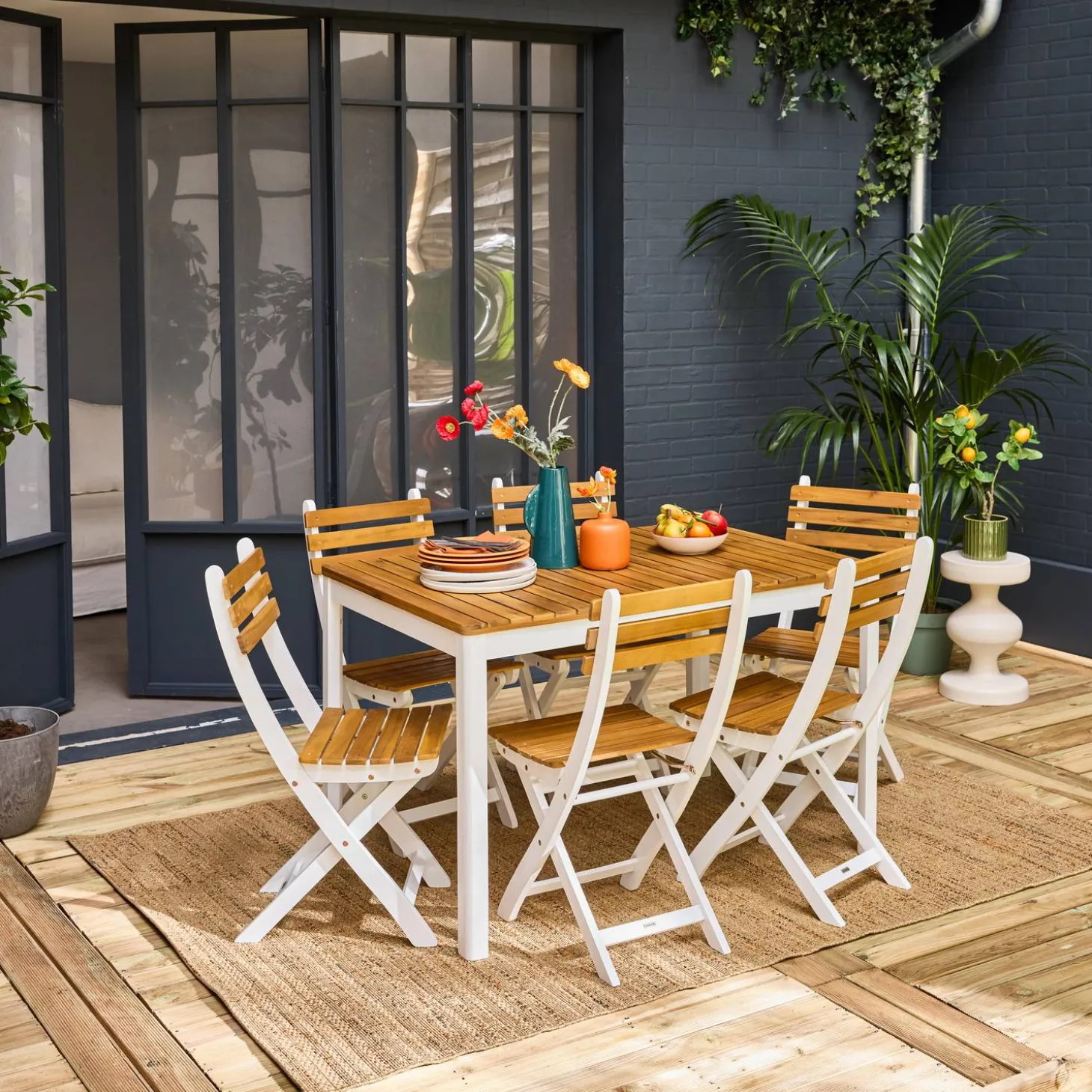 Gartentisch aus Akazienholz mit abgerundeten Ecken, 6 Stühle