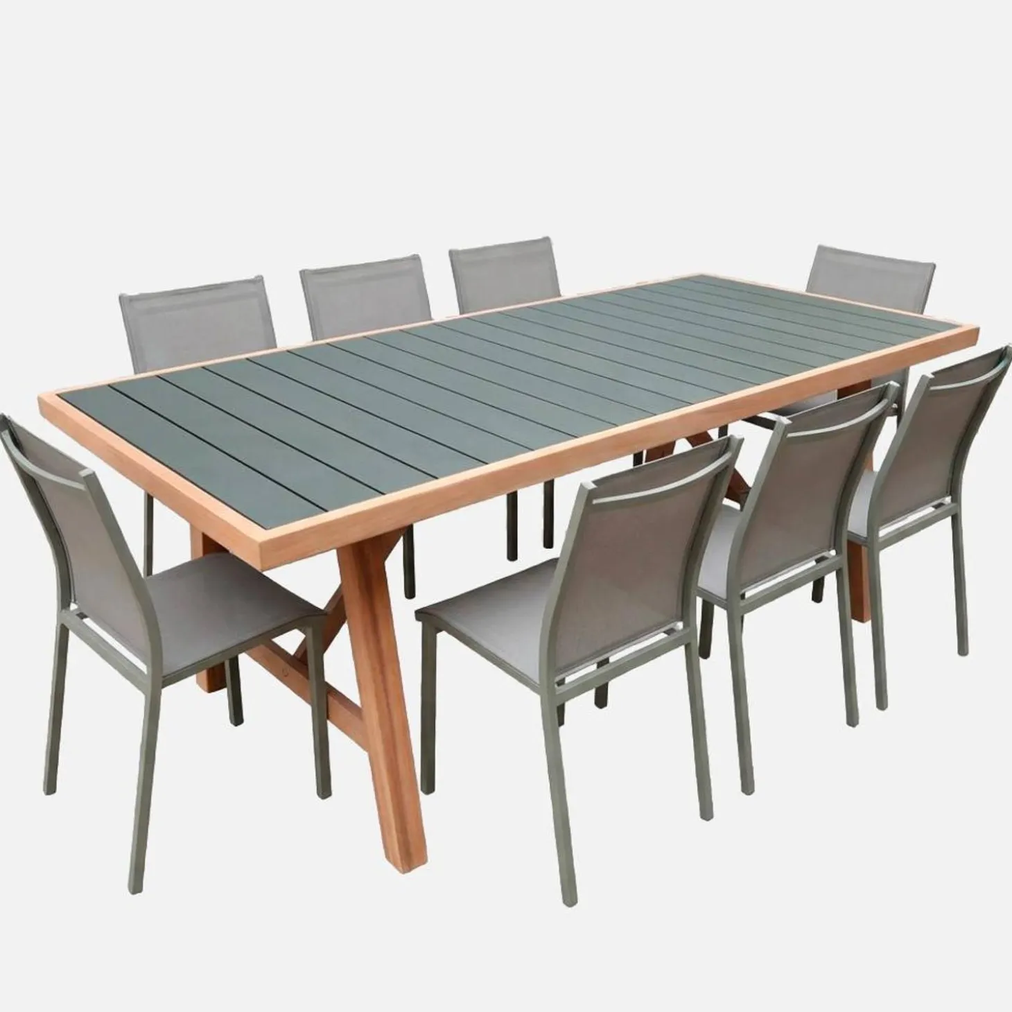 Gartentisch aus Akazienholz und Aluminium + 8 Stühle