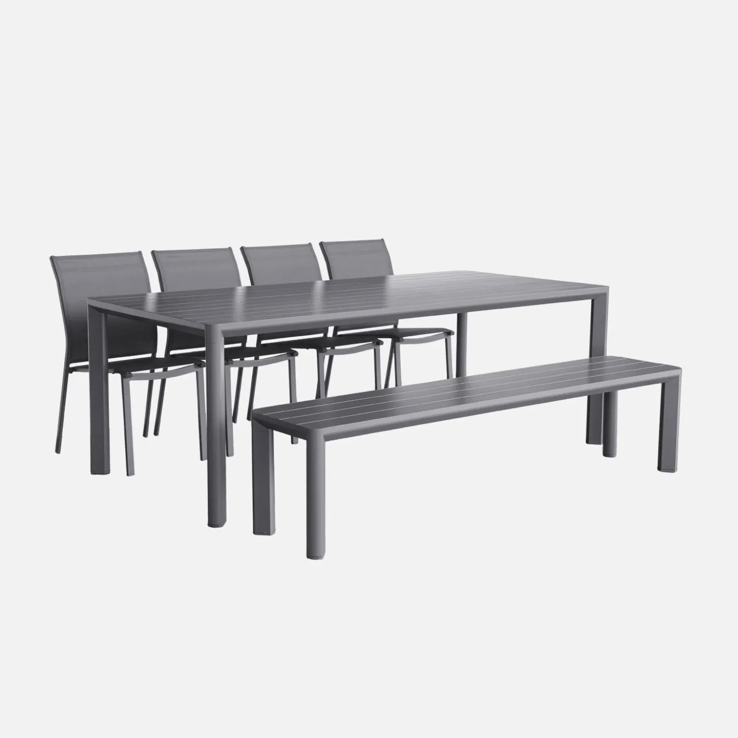 Gartentisch, 1 Bank und 4 Stühle aus Aluminium und Textilene