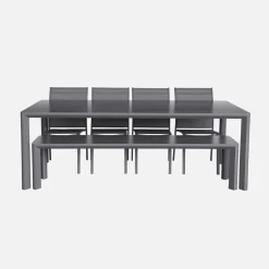 Gartentisch, 1 Bank und 4 Stühle aus Aluminium und Textilene