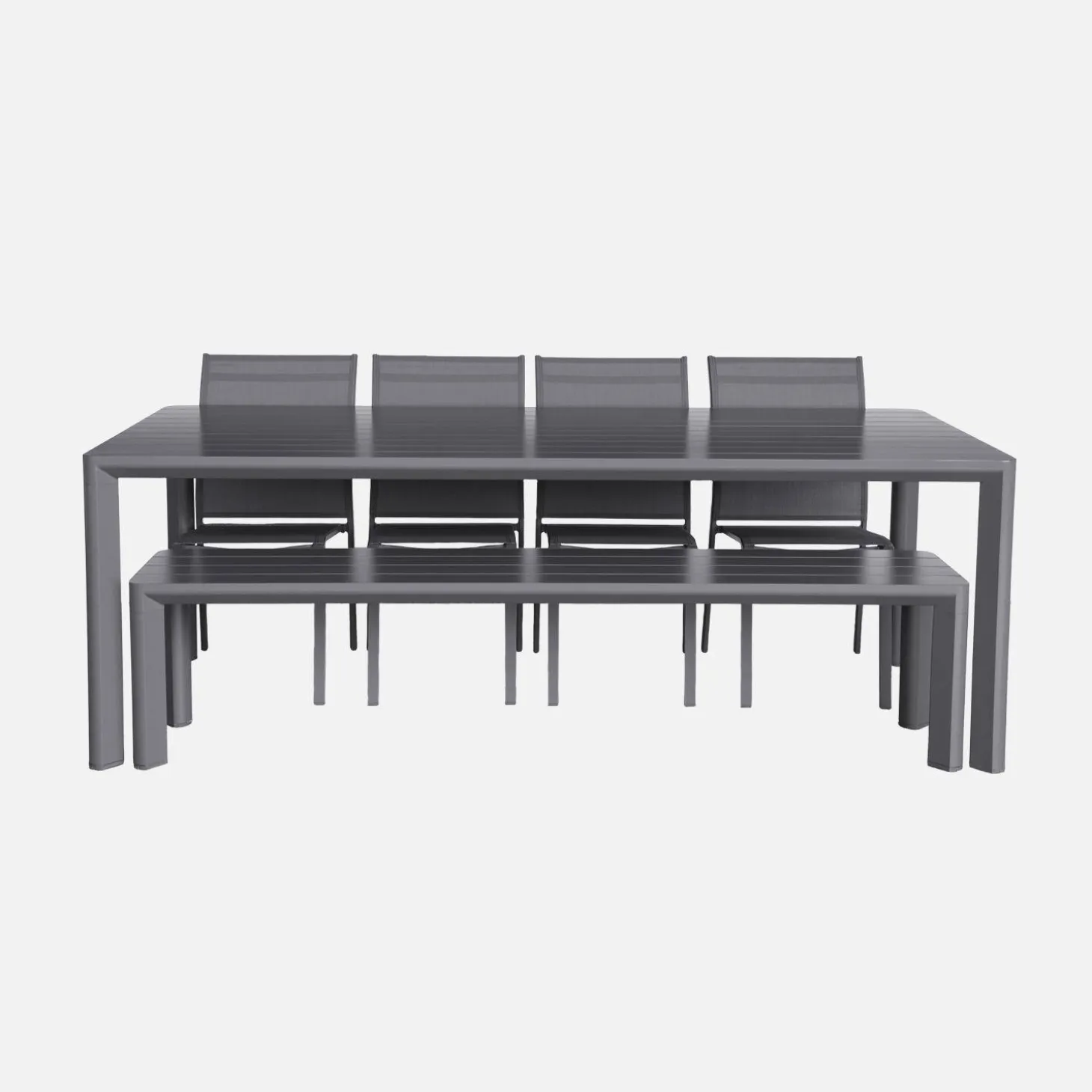 Gartentisch, 1 Bank und 4 Stühle aus Aluminium und Textilene