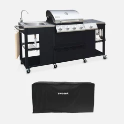 Gasgrill mit 4 Brennern + 1 Seitenbrenner, Außenküche und Abdeckung