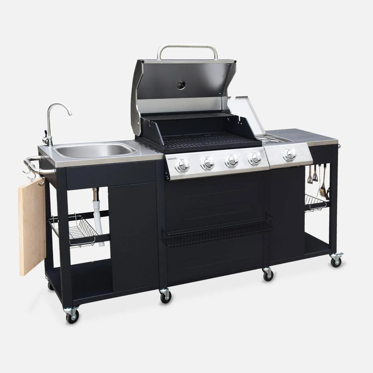 Gasgrill mit 4 Brennern + 1 Seitenbrenner, Außenküche und Abdeckung