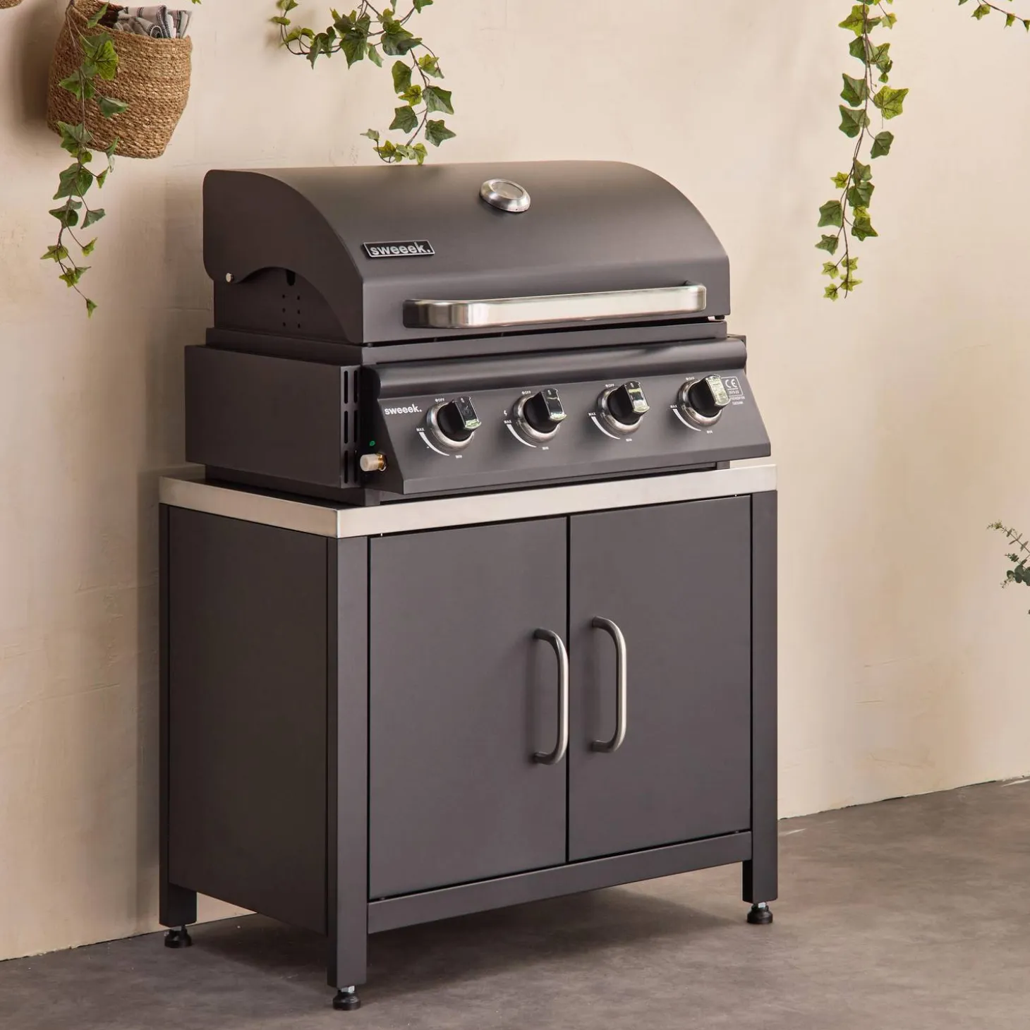 Gasgrill mit 4 Brennern zum Aufstellen + Küchenschrank aus Stahl B 80cm