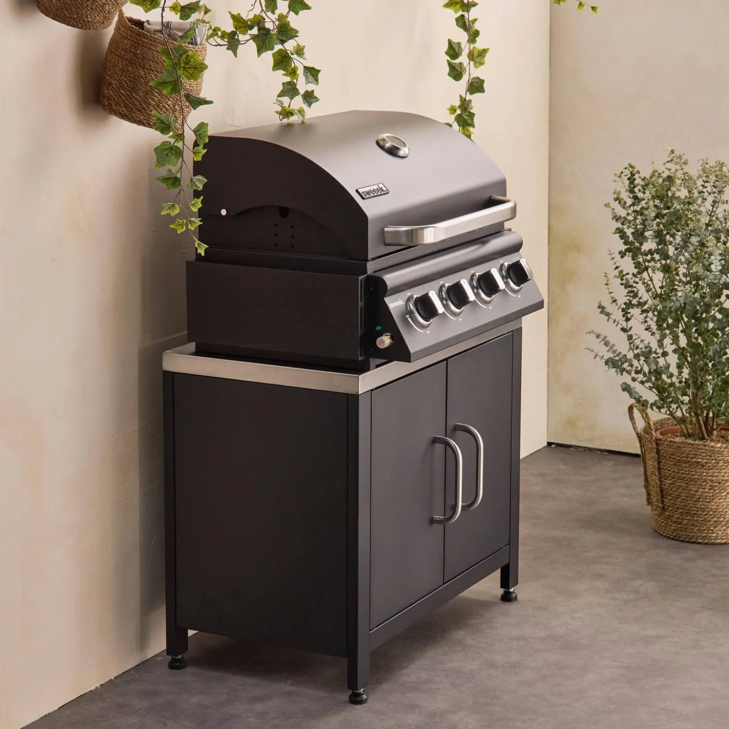 Gasgrill mit 4 Brennern zum Aufstellen + Küchenschrank aus Stahl B 80cm