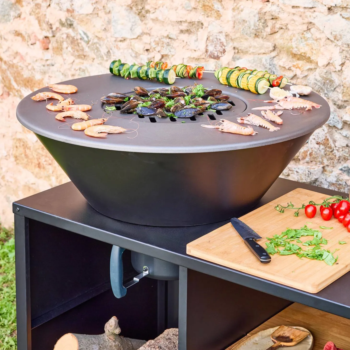 Grill-Feuerschale Ø 80 cm, Servierwagen mit Stauraum und Deckel