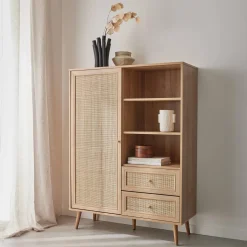 Highboard mit Rattan-Geflecht und Holzdekor 1 Tür, 2 Schubladen