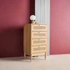 Hochkommode Holzdekor und Rattan-Geflecht 4 Schubladen