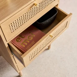 Hochkommode Holzdekor und Rattan-Geflecht 4 Schubladen