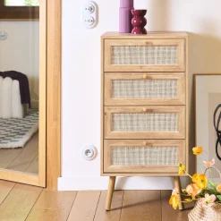 Hochkommode mit Holzdekor, Rattan-Geflecht und 4 Schubladen