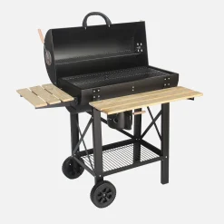 Holzkohlegrill, amerikanischer Grill und Räuscherofen, mit Rädern, klappbaren Ablagen und Abdeckung