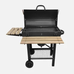 Holzkohlegrill, amerikanischer Grill und Räuscherofen, mit Rädern, klappbaren Ablagen und Abdeckung