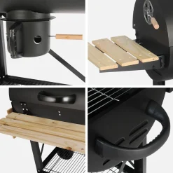 Holzkohlegrill, amerikanischer Grill und Räuscherofen, mit Rädern, klappbaren Ablagen und Abdeckung