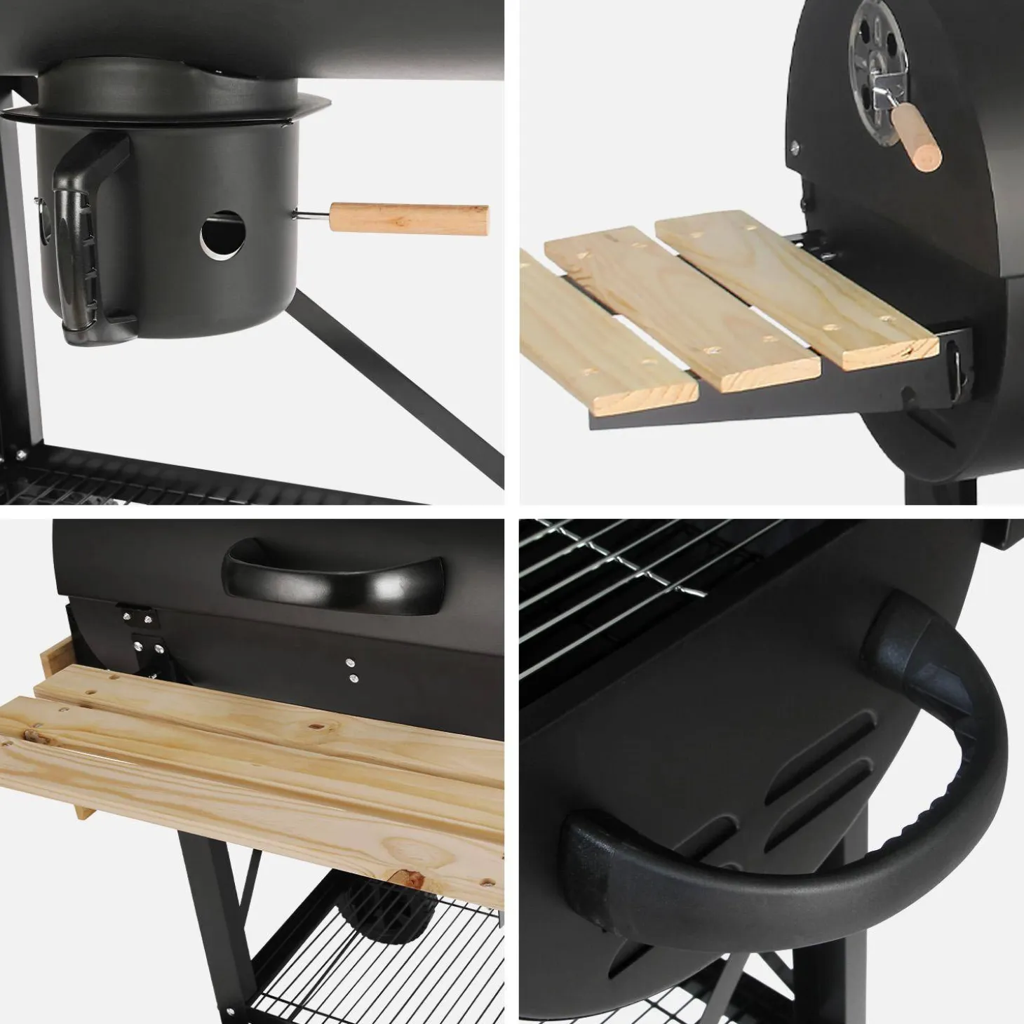 Holzkohlegrill, amerikanischer Grill und Räuscherofen, mit Rädern, klappbaren Ablagen und Abdeckung
