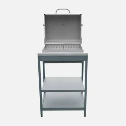 Holzkohlegrill und Räucherofen auf Beinen, 2 Regalböden