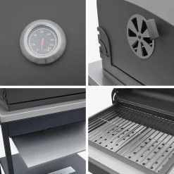 Holzkohlegrill und Räucherofen auf Beinen, 2 Regalböden