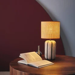 Indoor Keramik-Tischlampe, Lampenschirm mit Rattanlook H 40,5cm