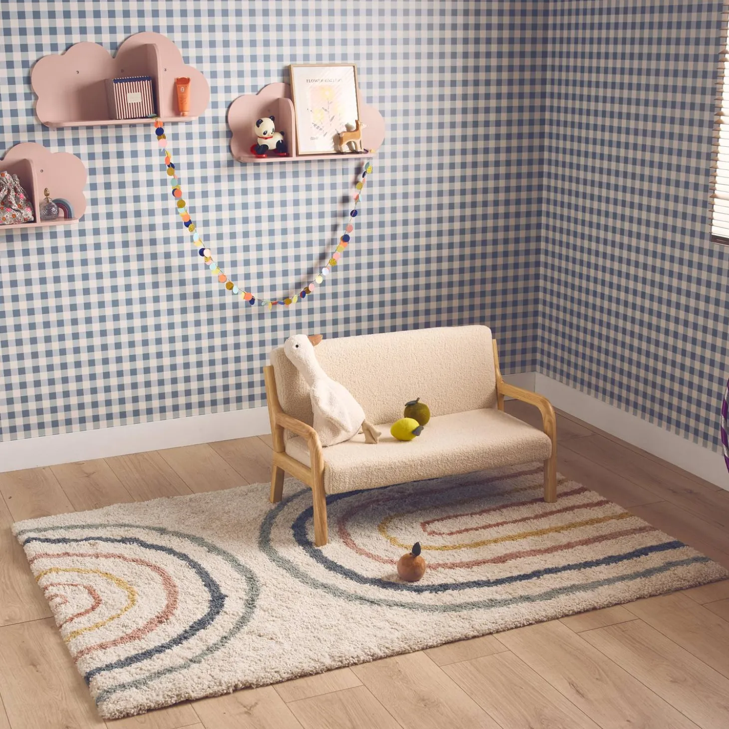 Indoor Kinderteppich Regenbogenmuster, cremefarben und mehrfarbig