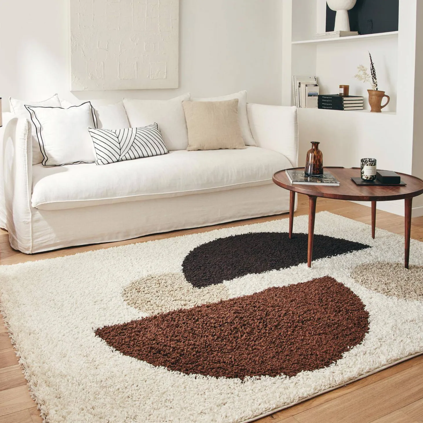 Indoor Shaggy-Teppich mit kreisförmigen Mustern, beige, braun, schwarz