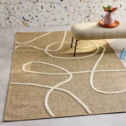 Indoor Teppich mit Jute-Optik, weißes grafisches Reliefmuster